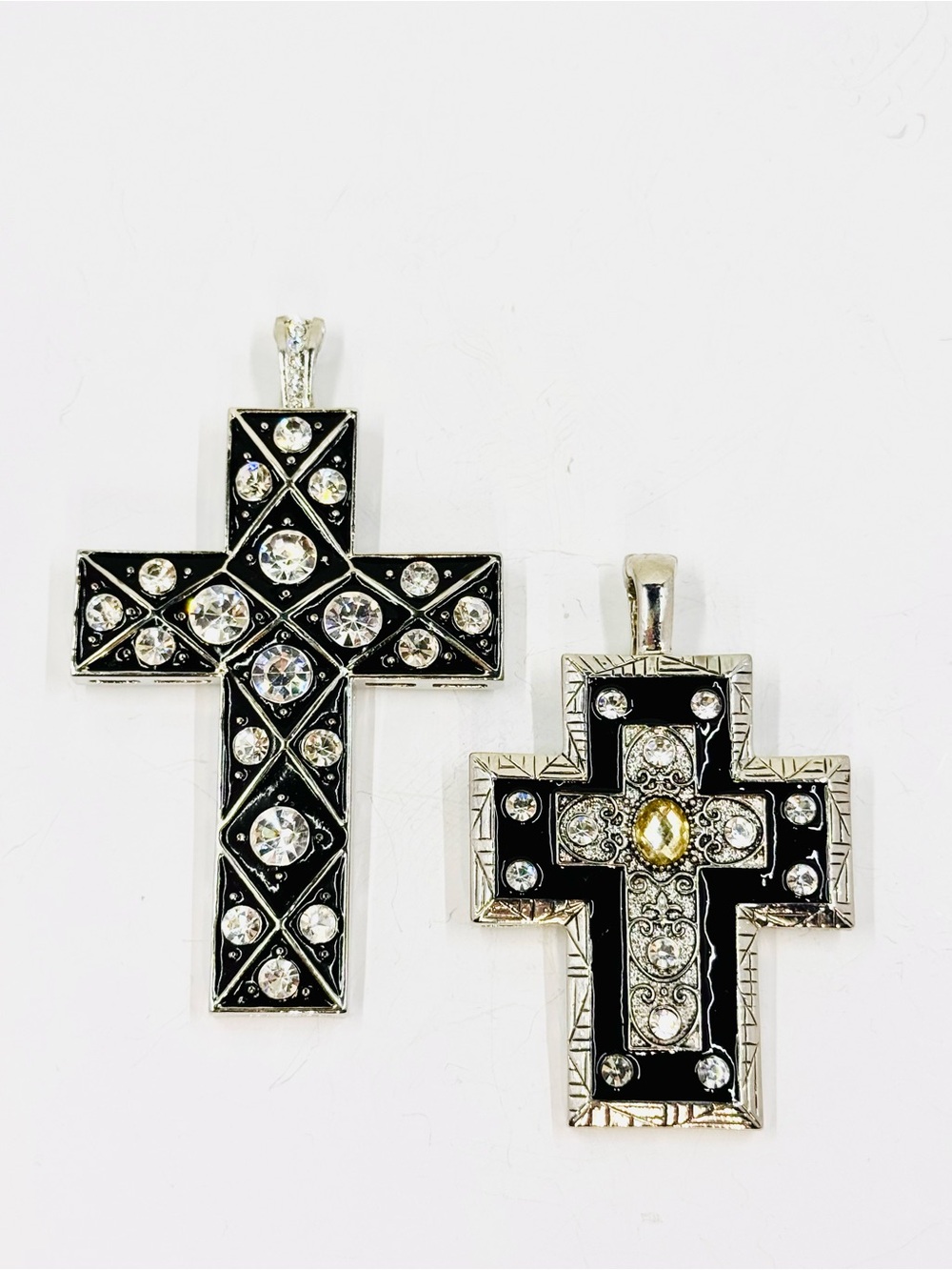 2 Large Silver Tone Black Enamel & Rhinestone Cross Pendants W/Magnetic Bail